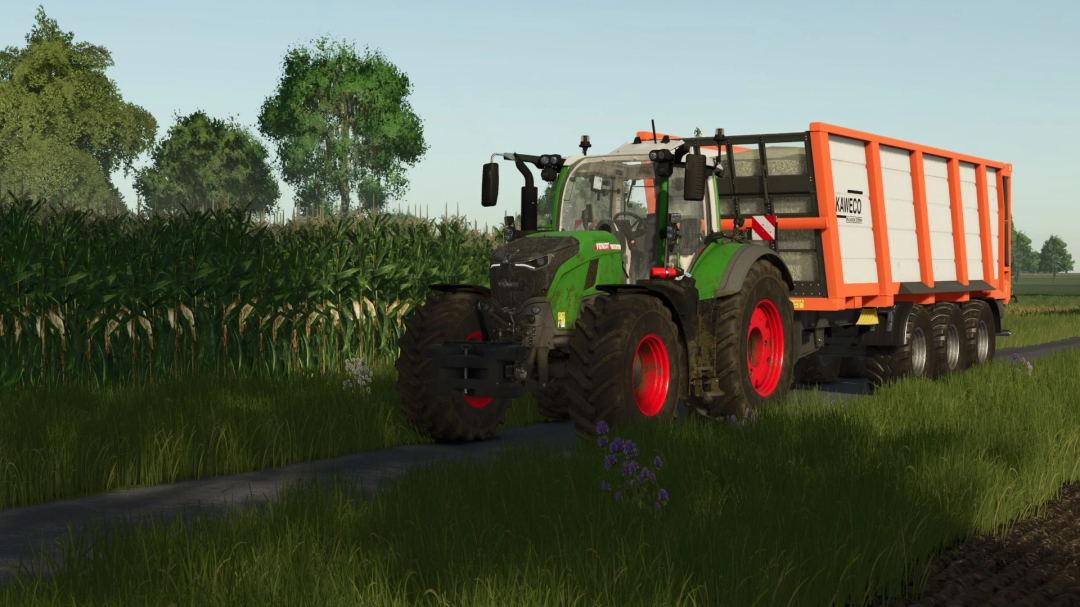 FS25 mod Somewhere in Dithmarschen v1.1.0.0: Tractor with trailer on a farm road