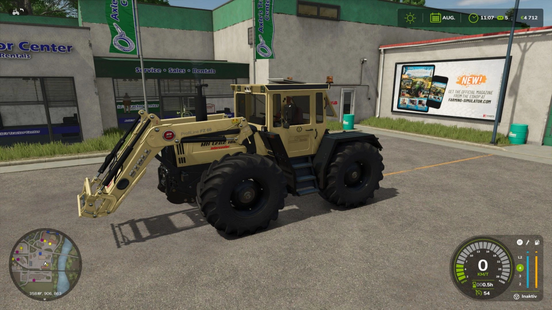 Stoll FZ 60 Stotz mod in FS25, showcasing detailed tractor design in front of a service center.