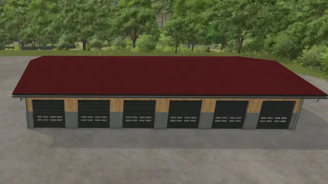 FS25 mod Storage hangars v1.0.3.0 showing a large building with multiple garage doors against a forest backdrop.