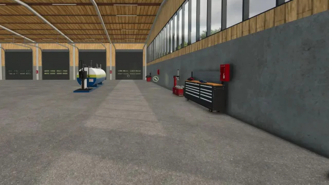 Interior of storage hangars mod in FS25, showcasing tools and equipment in a well-lit space. Farming Simulator 25 mods.