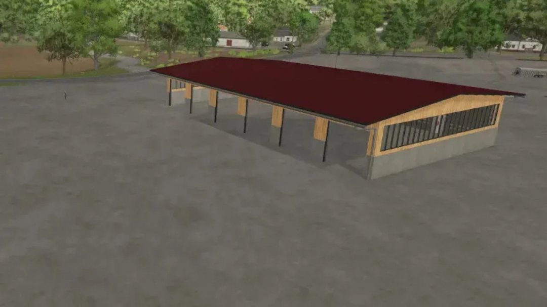 Storage hangars mod in FS25 with a spacious open structure, surrounded by trees.