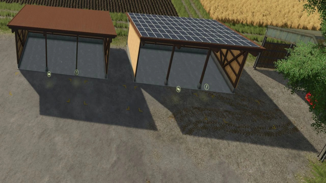 FS25 mod Storage Shed v1.0.0.0 with solar panels in a farmland setting.