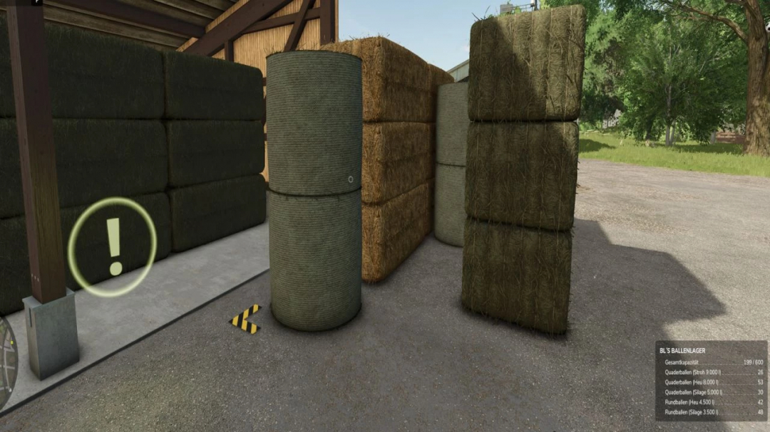 FS25 mod Storage Shed v1.0.0.0 featuring stacked hay bales in a barn setting.