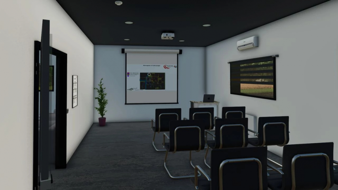 FS25 mod Street master's office v1.0.0.0 showing a conference room with chairs, projector, and plant.