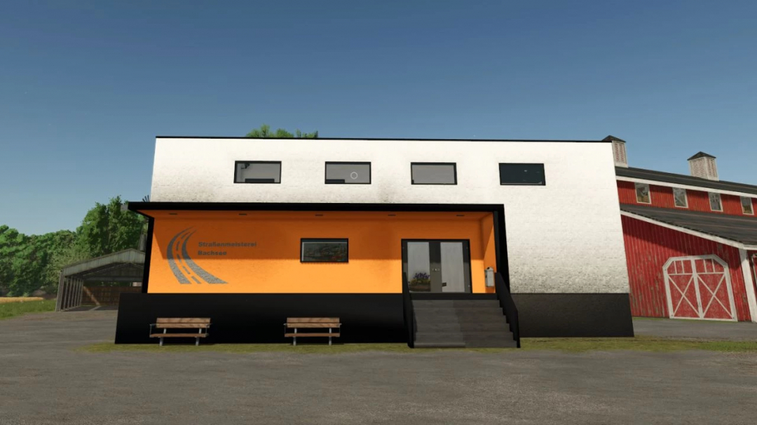 Street master's office building mod for Farming Simulator 25, featuring a modern orange and white facade.