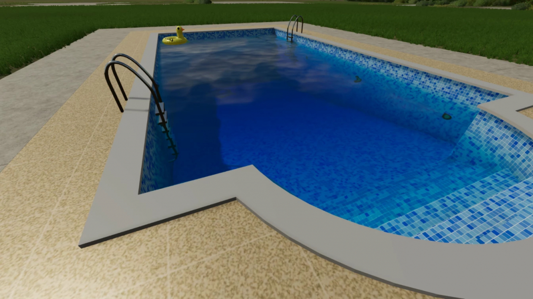 FS25 mod Swimming Pool 1 v1.0.0.0 featuring a detailed swimming pool with ladders and a rubber duck, enhancing Farming Simulator 25 gameplay.