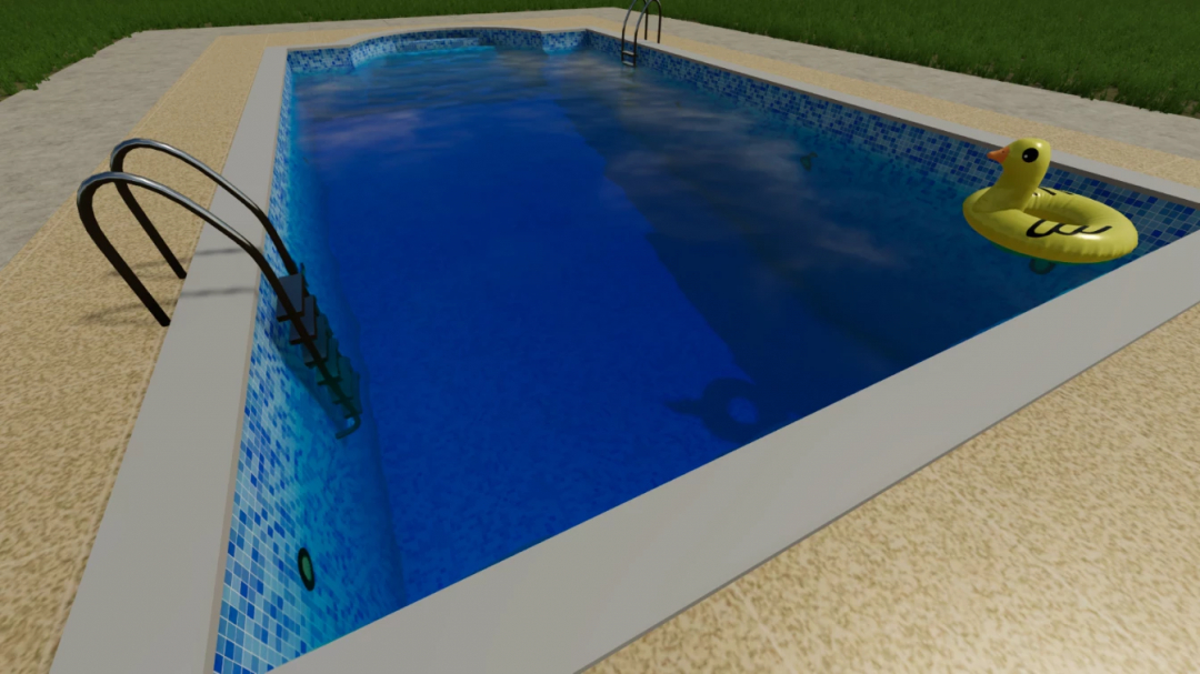 Swimming pool mod in FS25 with yellow rubber duck, titled Swimming Pool 1 v1.0.0.0.