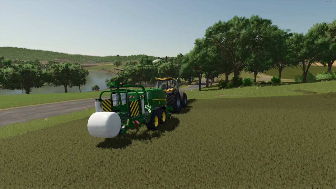 FS25 mod Switchable Bale Wrappers For Balers v1.0.0.1, depicting a tractor wrapping a hay bale in a scenic field.