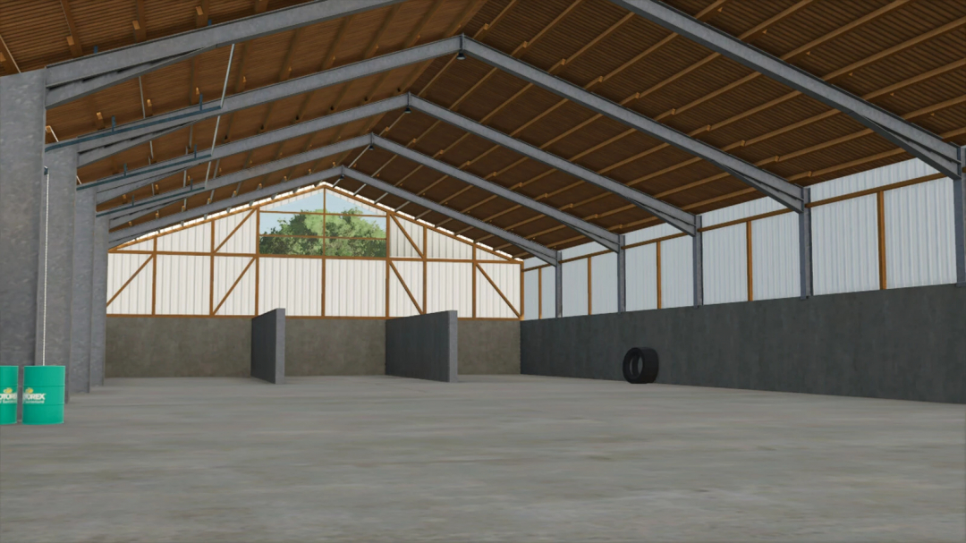 Interior view of System Hall mod in FS25 with a spacious structure and metal roof.