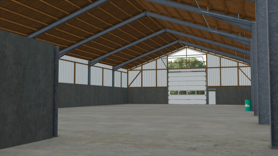 Interior view of a System Hall in FS25, showcasing a spacious barn with a metal roof and walls. Farming Simulator 25 mods.