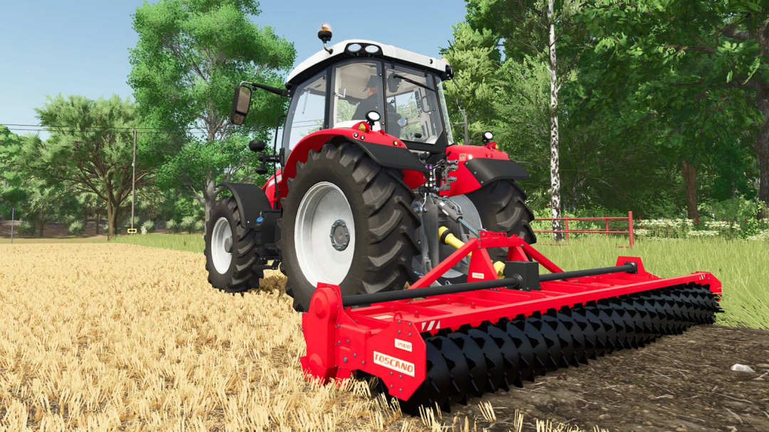 FS25 mod TOSCANO 3900 v1.0.0.0 shows a red tractor with a cultivation tool on a farm field.