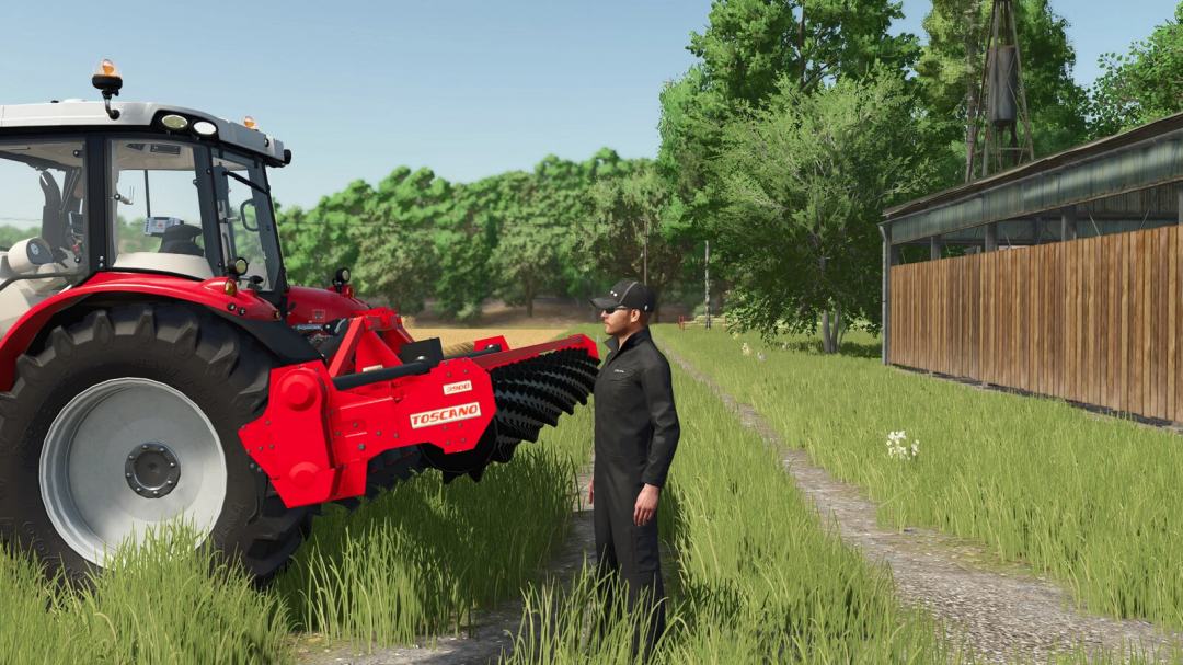 FS25 mod TOSCANO 3900 tractor attachment with person standing beside in a grassy field, Farming Simulator 25 mod.