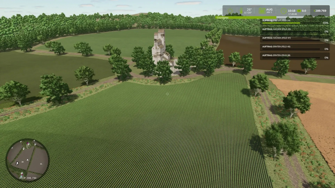 Aerial view of a lush farm field with trees and a building in Farming Simulator 25 mod, The Viervitz FS25 v1.0.0.0.