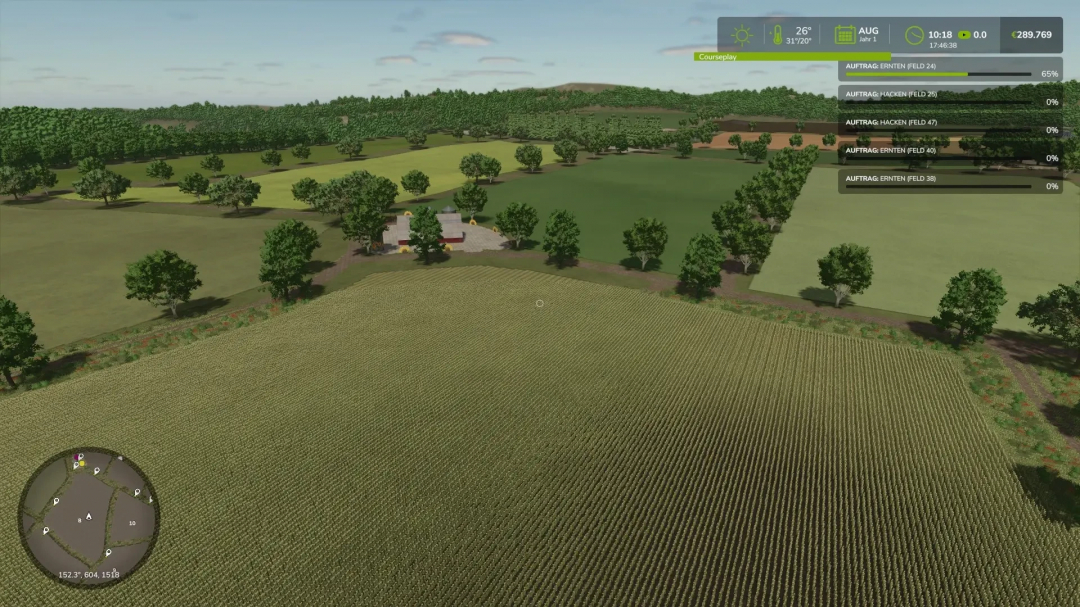 Aerial view of farmland in The Viervitz FS25 mod for Farming Simulator 25, showcasing diverse fields and lush greenery.