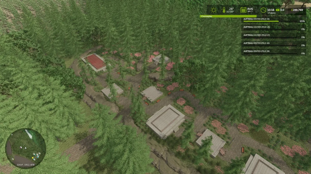 Aerial view of dense forest with scattered buildings in Farming Simulator 25, showcasing The Viervitz FS25 mod.