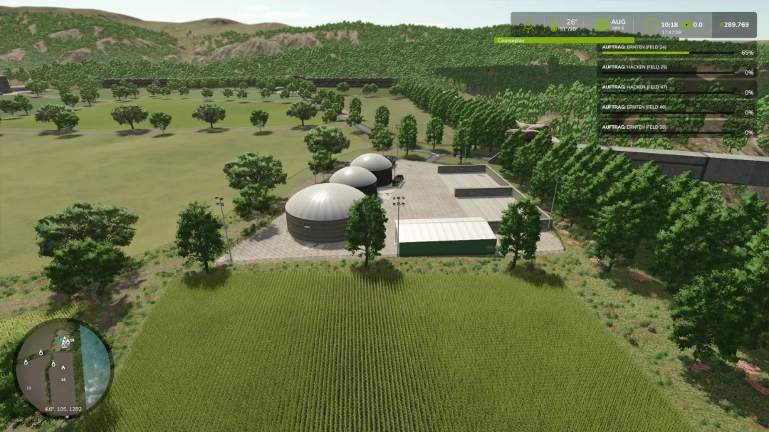 FS25 mod The Viervitz v1.0.0.0 showing a lush farm landscape with silos and surrounding trees.