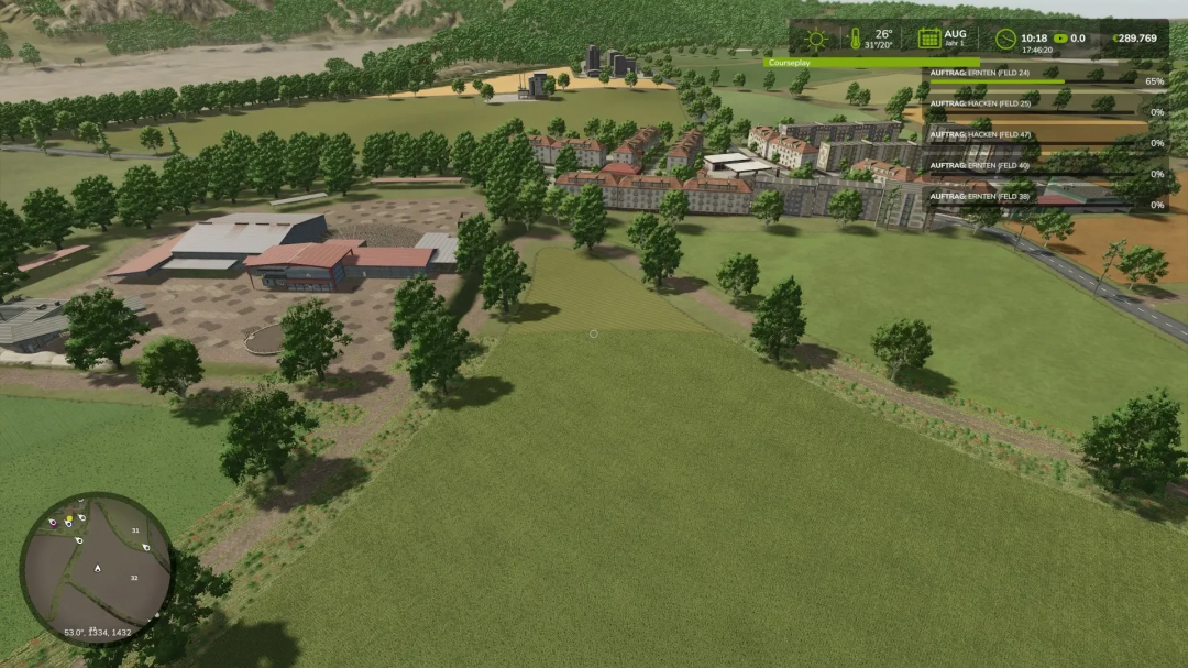 Scenic aerial view of a farm in FS25 mod 'The Viervitz' featuring fields and buildings.