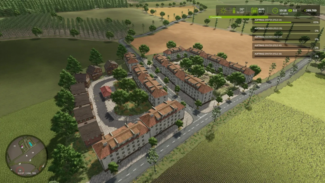 Aerial view of The Viervitz FS25 mod featuring a detailed village with buildings and surrounding farmland in Farming Simulator 25.