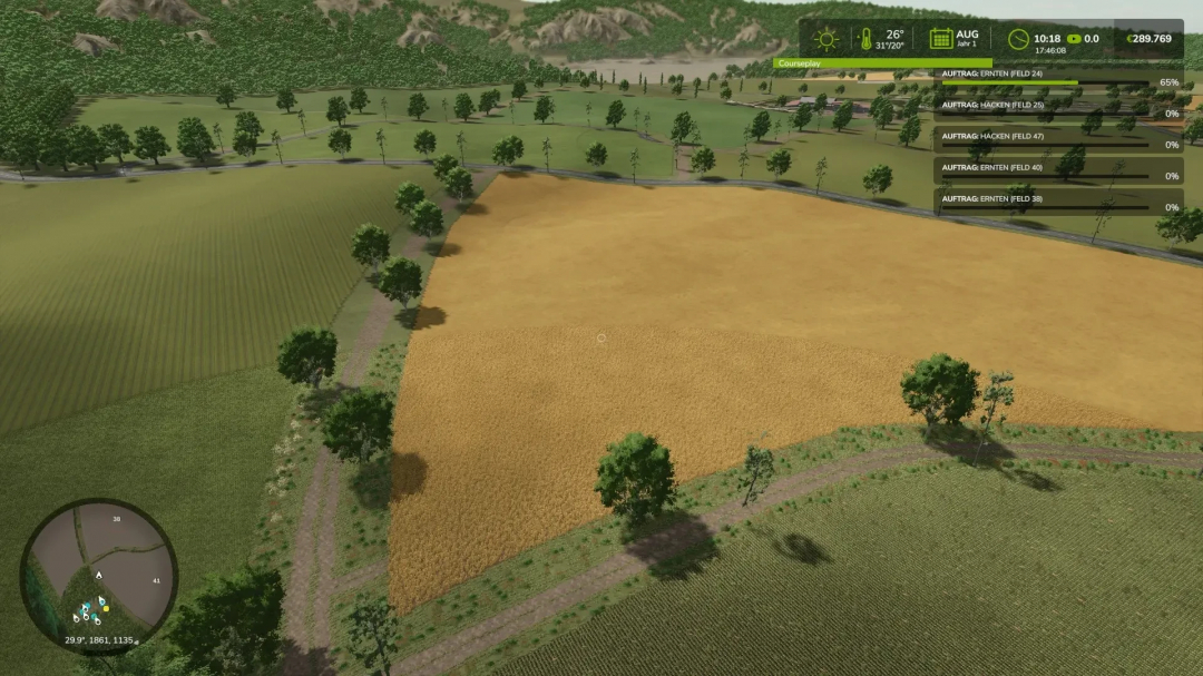 Overview of fields in The Viervitz FS25 mod showing cultivated land and trees in Farming Simulator 25.