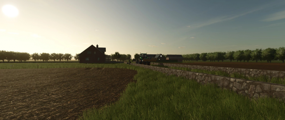 A small European town in FS25 mod with a farmhouse, fields, and a tractor at sunset.