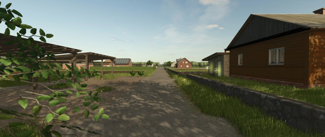 FS25 mods: The small European town v1.0.0.0, featuring a rural path with buildings and greenery under a clear sky.