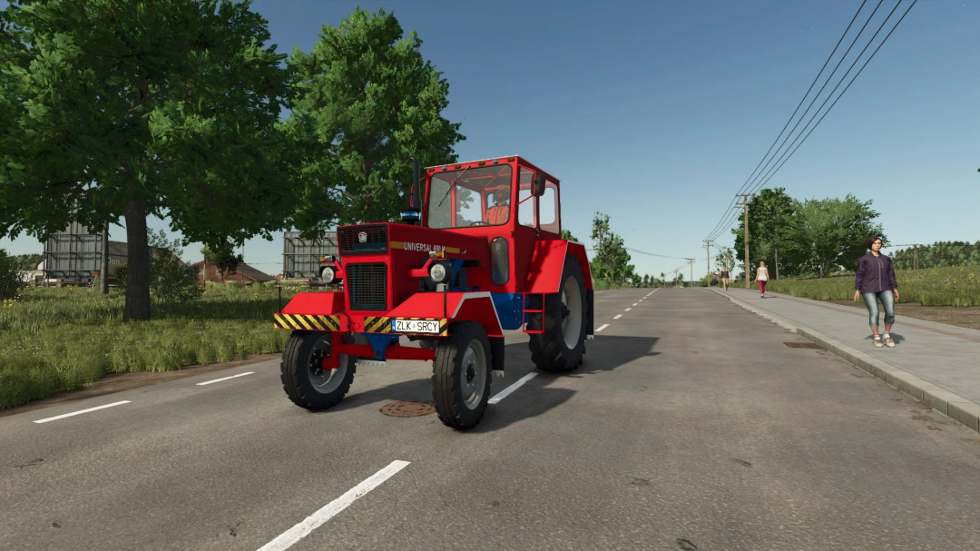 U650M tractor mod in FS25, depicted on a paved road surrounded by greenery, enhancing Farming Simulator 25 gameplay.