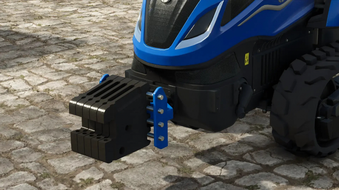 Close-up of Universal Weight II mod in FS25, showcasing its attachment on a tractor front.