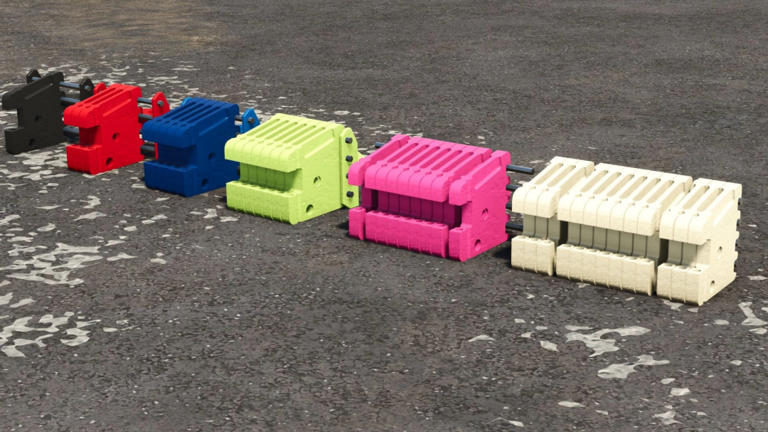 FS25 mods: Universal Weight II v1.0.0.0 in various colors on asphalt.