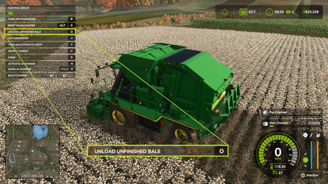 FS25 mod Unload Bales Early V1.1.1.1 gameplay showing a green harvester in a cotton field with control panel options.