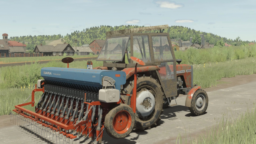 FS25 mod image of Ursus 3512 / Massey Ferguson 255 tractor with an agricultural implement on a farm road.