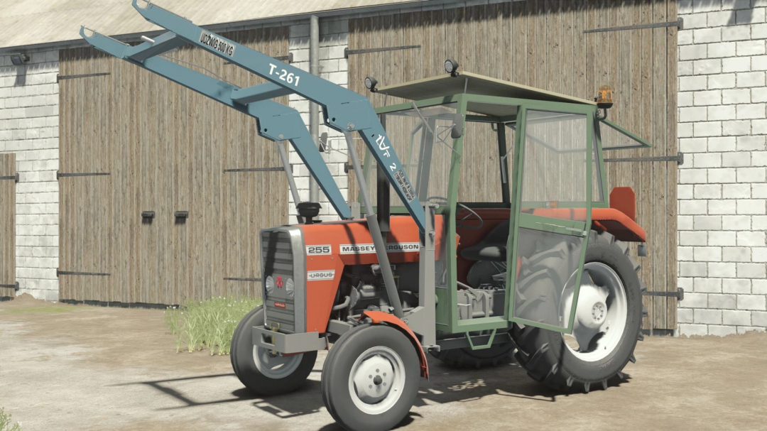 FS25 mods image showing the Ursus 3512 / Massey Ferguson 255 tractor parked by a barn in Farming Simulator 25.