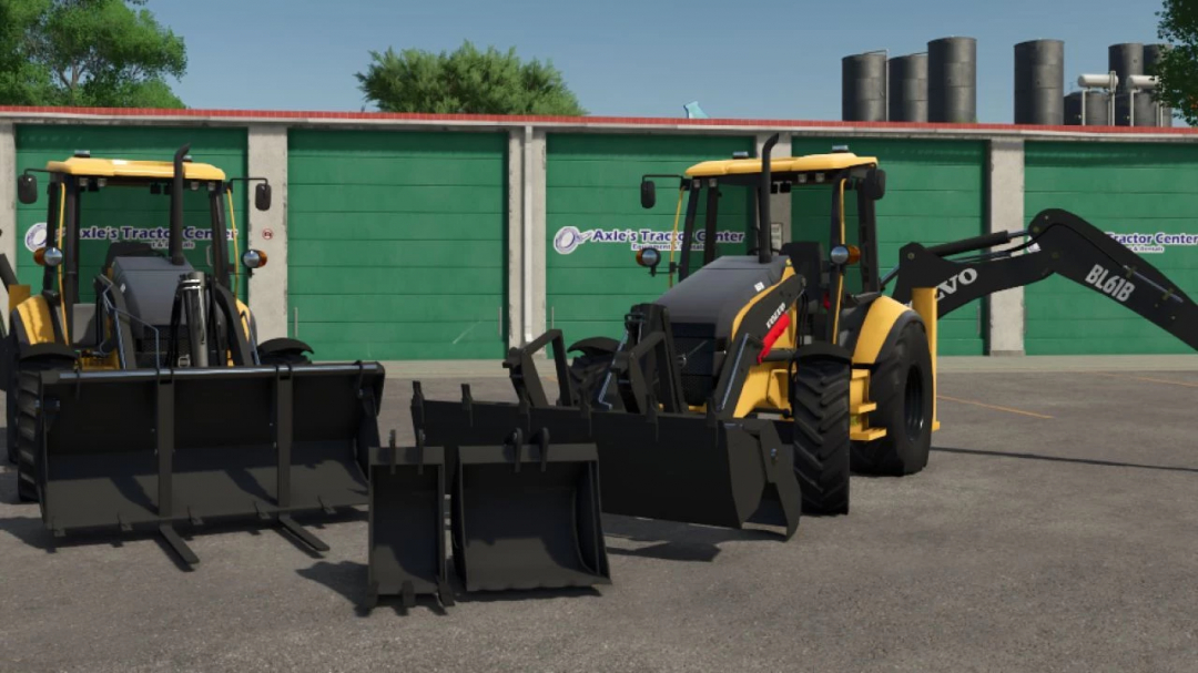 Volvo BL61B tractor mod in FS25 with attachments in a garage setting.