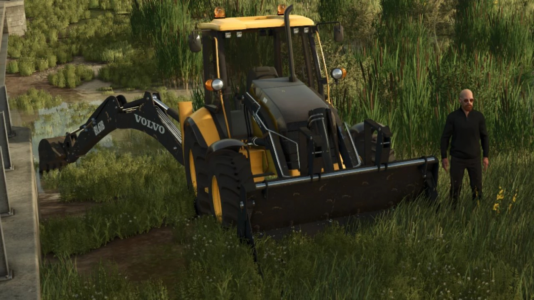 Volvo BL61B backhoe in Farming Simulator 25 mod, showing detailed design in a grassy area.