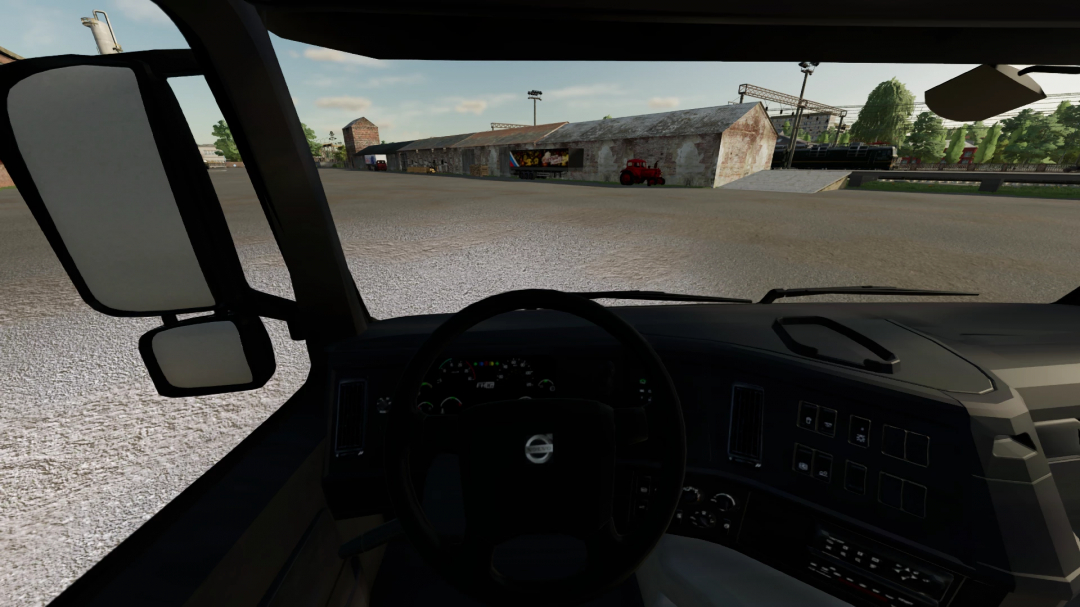 Interior view from Volvo fm13 Truck in FS22 mod, showcasing dashboard and farm buildings in the background.