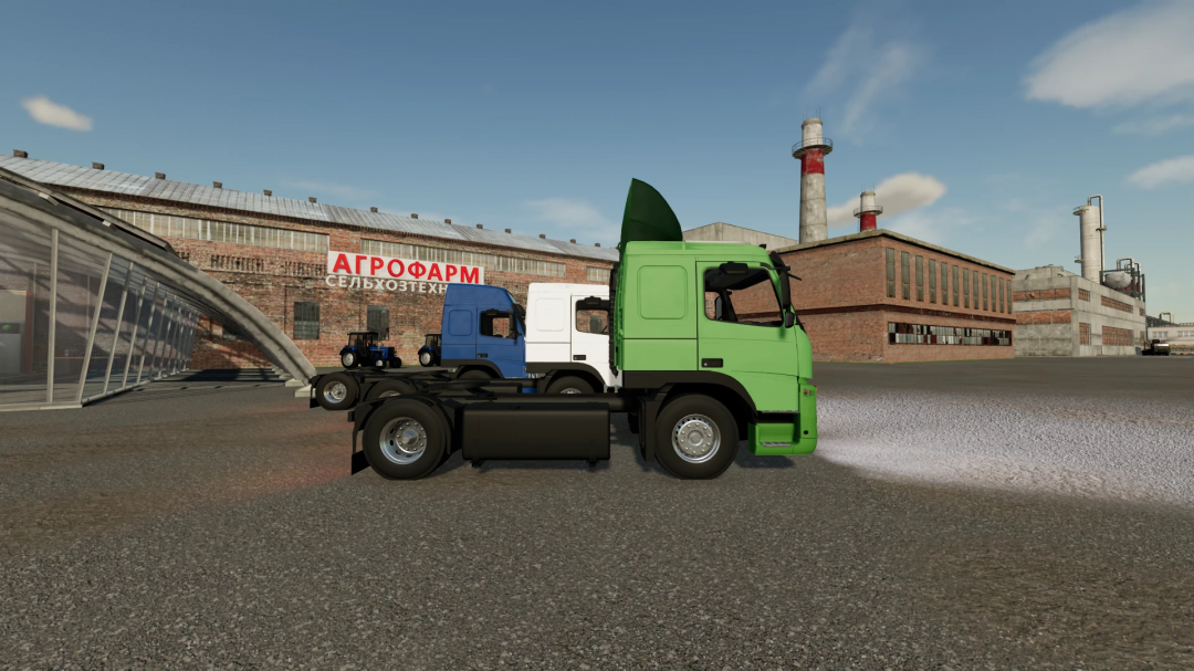 Volvo FM13 Truck mod in FS22 outside a factory, showcasing green, blue, and white trucks parked in Farming Simulator 22.