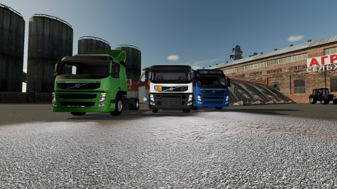 FS22 mods: Volvo FM13 Truck in various colors parked on a farmyard in Farming Simulator 22.