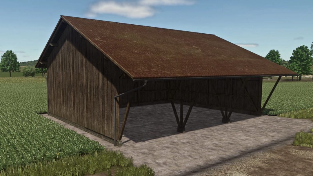 Wood Shed mod in Farming Simulator 25, showcasing a wooden structure with a sloped roof in a field.