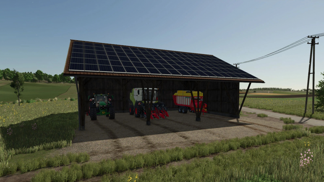 Wood shed with solar panels in FS25 mod, storing tractors and farm equipment.