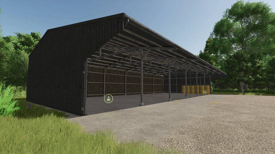 Wooden Storage Shed in FS25 mod, showcasing a barn for storing equipment and hay bales in Farming Simulator 25 environment.