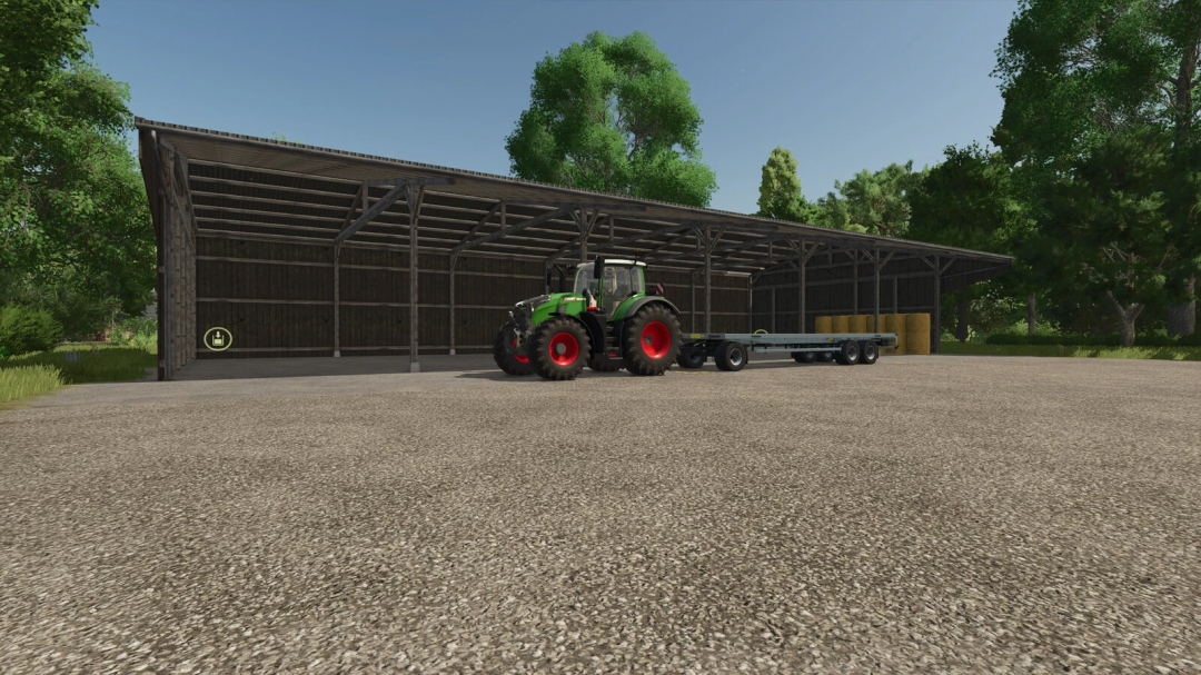 FS25 mod image showing a tractor with a trailer in front of a Wooden Storage Shed, surrounded by trees.