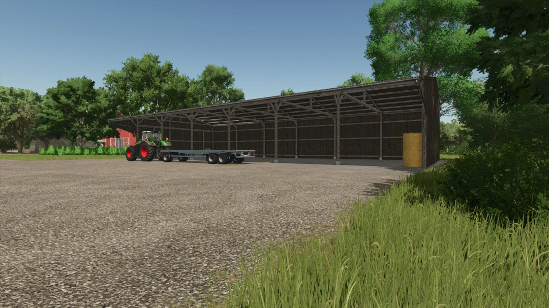 Wooden Storage Shed mod for Farming Simulator 25, featuring a tractor and trailer parked outside on a sunny day.