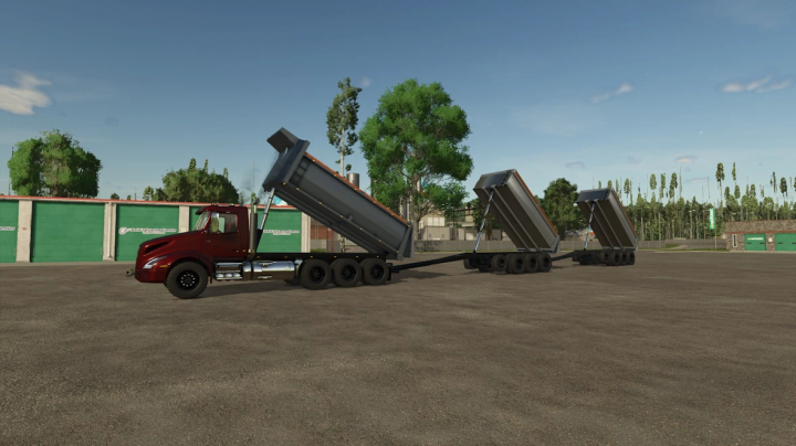 fs25-mods, BM Volvo truck with pup dump trailer mod in FS25, showcasing tilted trailers on a farm setting.