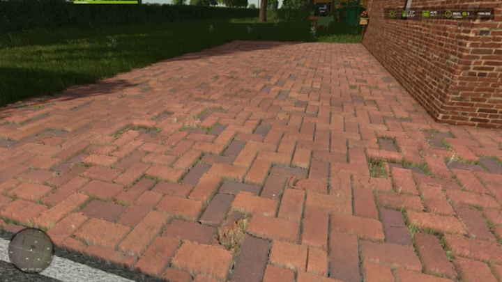 fs25-mods,  Detailed brick paving stones in FS25 mod Better Paving stones v1.0.0.0, showing realistic textures and grass in Farming Simulator 25.