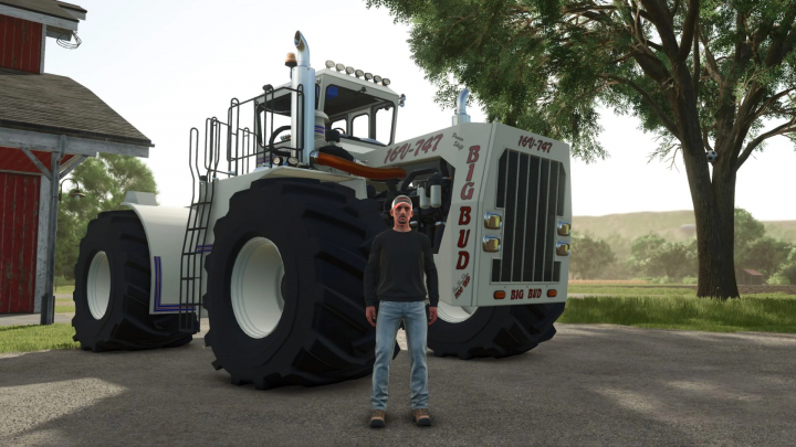 fs25-mods,  Big Bud 747 tractor mod in FS25 with a person standing in front, showcasing the Farming Simulator 25 mods.