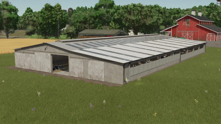 fs25-mods, Big Renovated Cow Barn in FS25 mod set in a lush countryside.