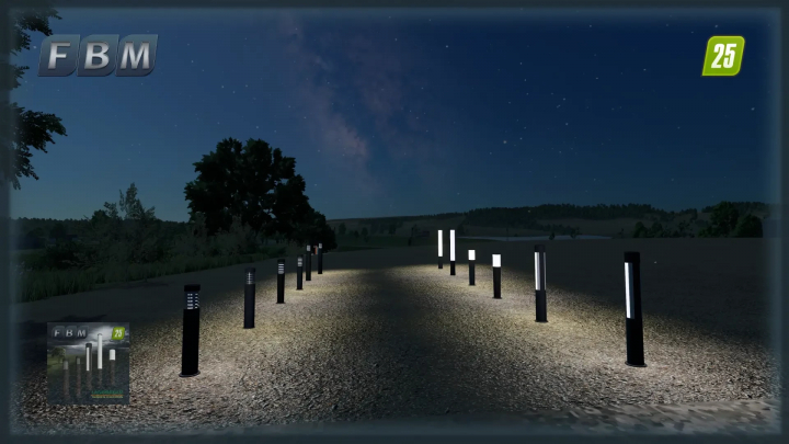 fs25-mods,  Bollard Lights mod for FS25, showing lit pathway at night in Farming Simulator 25.