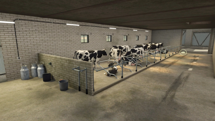 fs25-mods,  Interior view of a barn with black and white cows in stalls, part of the Building Farm Set FS25 mod for Farming Simulator 25.