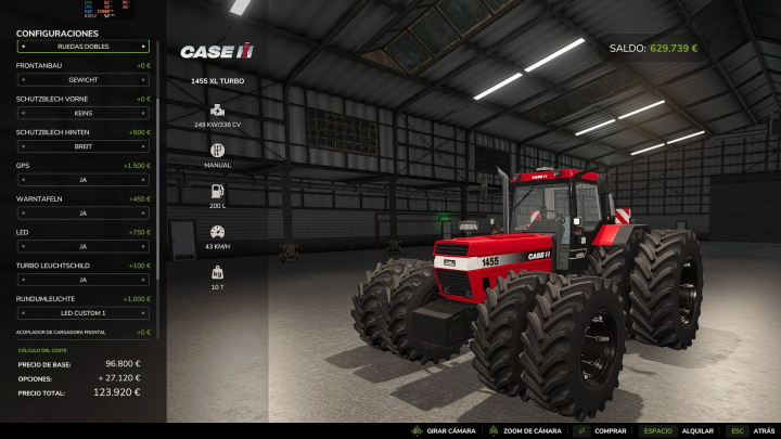 fs25-mods,  FS25 mods: Case IH 1455 XL v1.0.0.3 tractor with dual wheels in a garage setting.