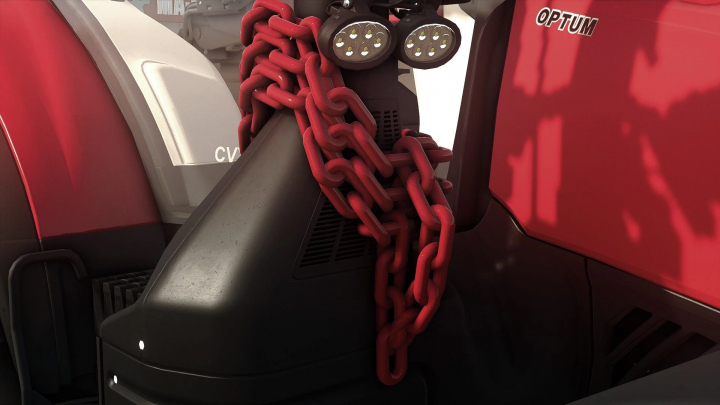 fs25-mods, Detailed view of red chains attached to a tractor in FS25 mod Chain (Prefab) v1.0.0.0.