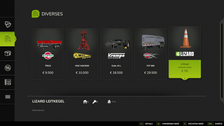 fs25-mods, FS25 mod menu showing various equipment, including the Lizard cone v1.0.0.0 mod priced at €50.